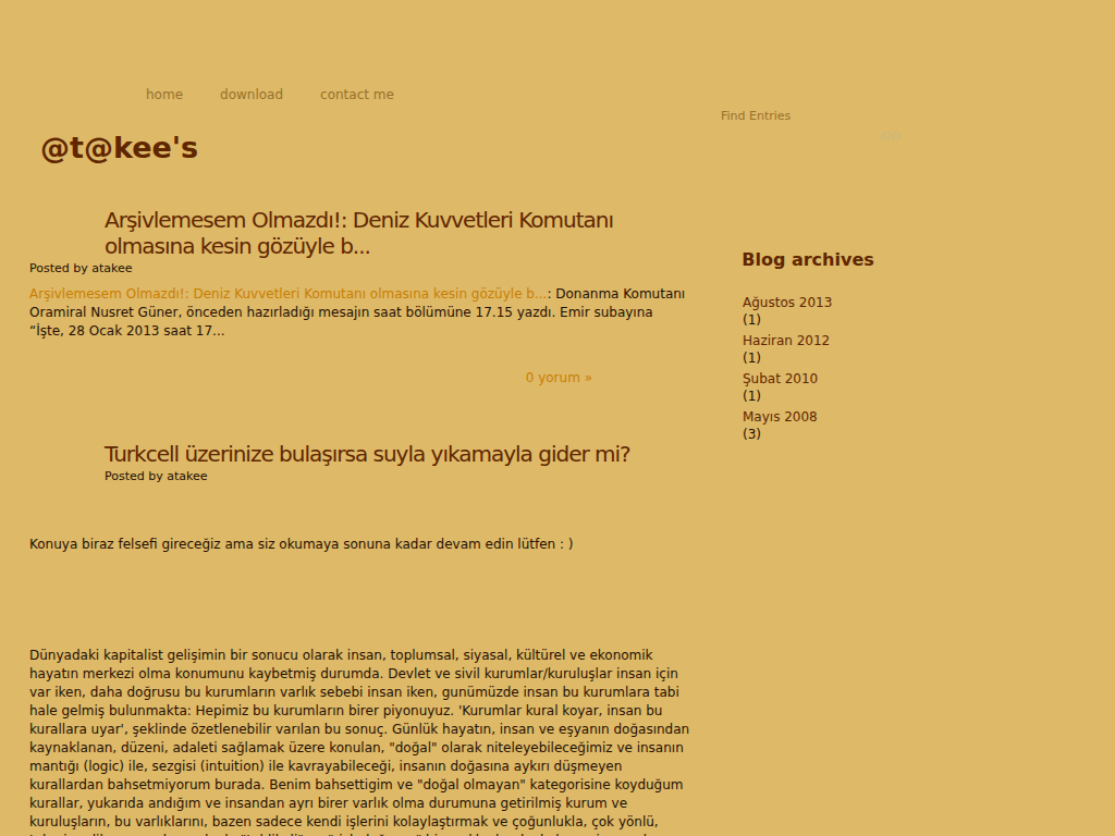 Screenshot of the @t@kee's blog, gold Blogger theme