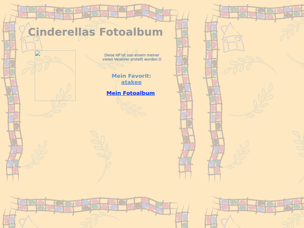 Screenshot of Cinderellas Fotoalbum, a pastel GeoCities page with an empty photo frame