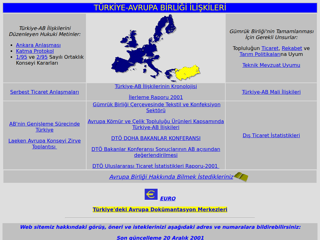 Screenshot of the Türkiye–EU relations site with a map of Europe, Turkey highlighted in yellow