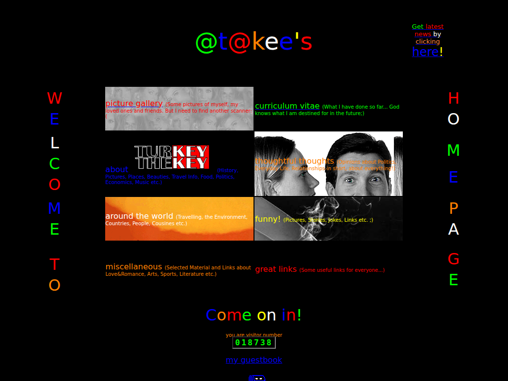 Screenshot of @t@kee's homepage, rainbow letters on black background
