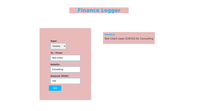 Finance Logger with one invoice entry