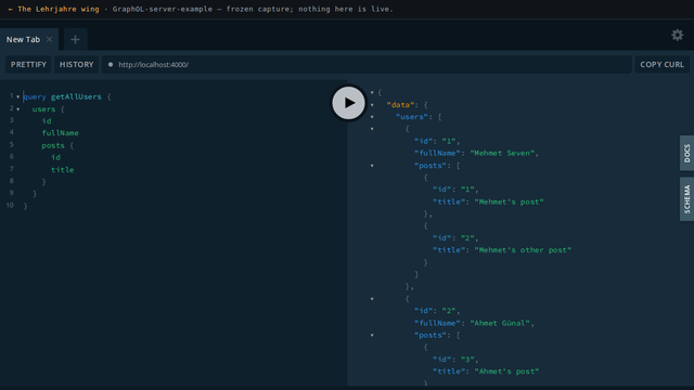 GraphQL Playground answering a users query