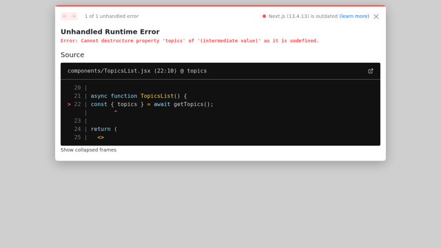 Next.js error overlay on the topics list