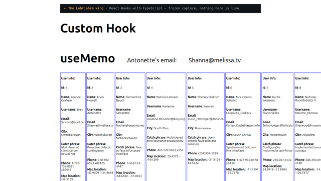 Hooks cheat sheet with fetched user cards