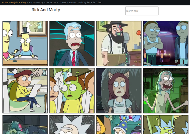 Rick and Morty character grid with a search box