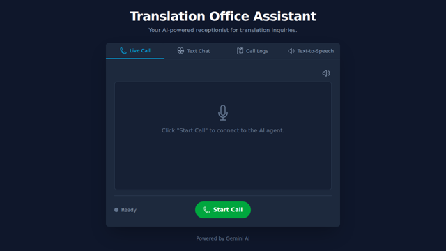 AI receptionist, Live Call tab, status Ready