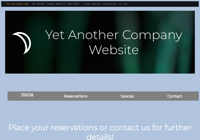 Dark restaurant home page, crescent moon icon, header 'Yet Another Company Website'