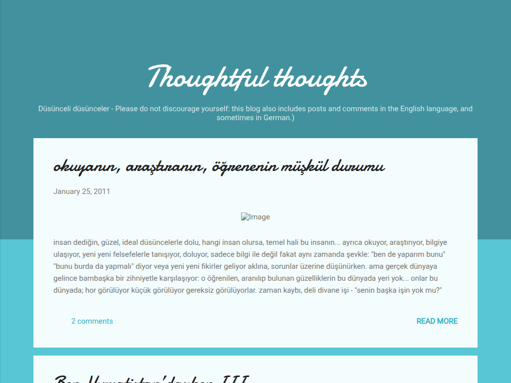 Screenshot of the Thoughtful thoughts blog, teal Blogger theme
